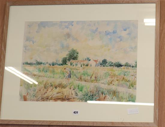 Arthur Henderson Hall, watercolour, Figure in a field, signed, 40 x 56cm